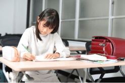 机に向かって勉強する女児の写真